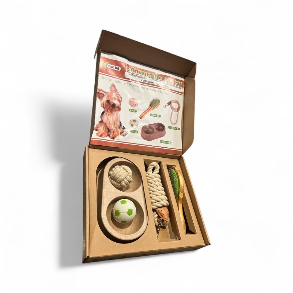 ECO FRIENDLY DOG KIT New In Box Bamboo Brush Cotton Leash Dog Bowl Cotton Ball - Picture 3 of 6